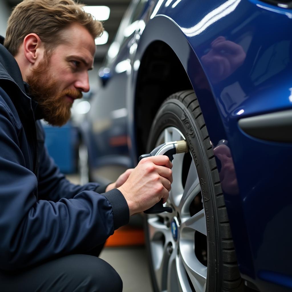 Car mechanic inspecting damage on a vehicle