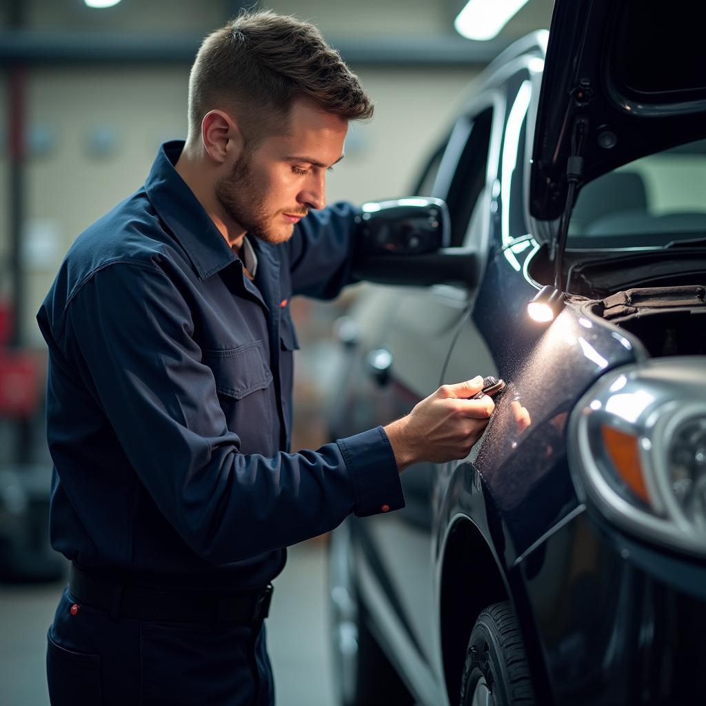 Car mechanic inspecting damage on a vehicle in Stirling