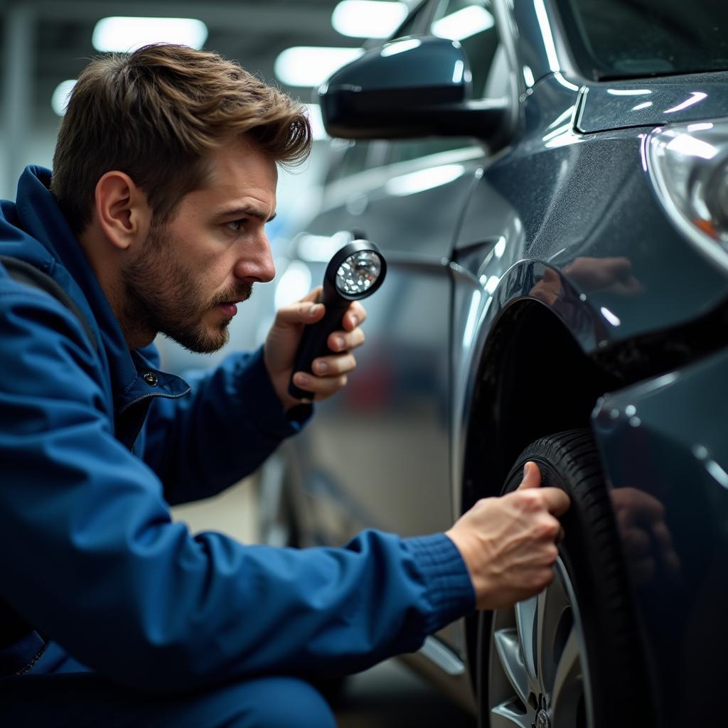 Experienced car mechanic inspecting vehicle damage in Bognor Regis