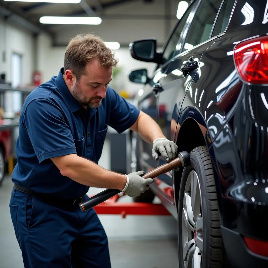 Car Mechanic Inspecting Damage in Downend