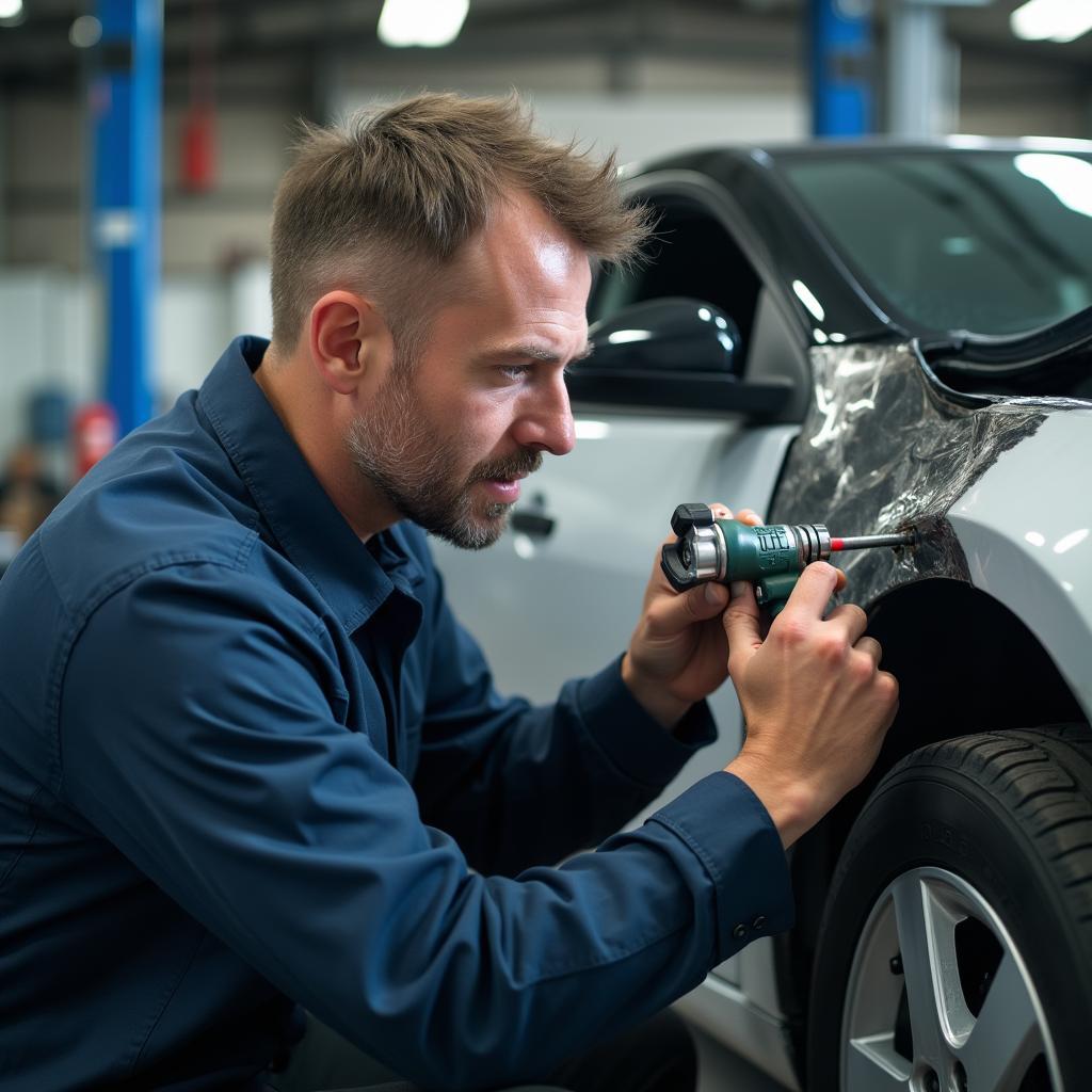 Car mechanic inspecting damage in Dumfries