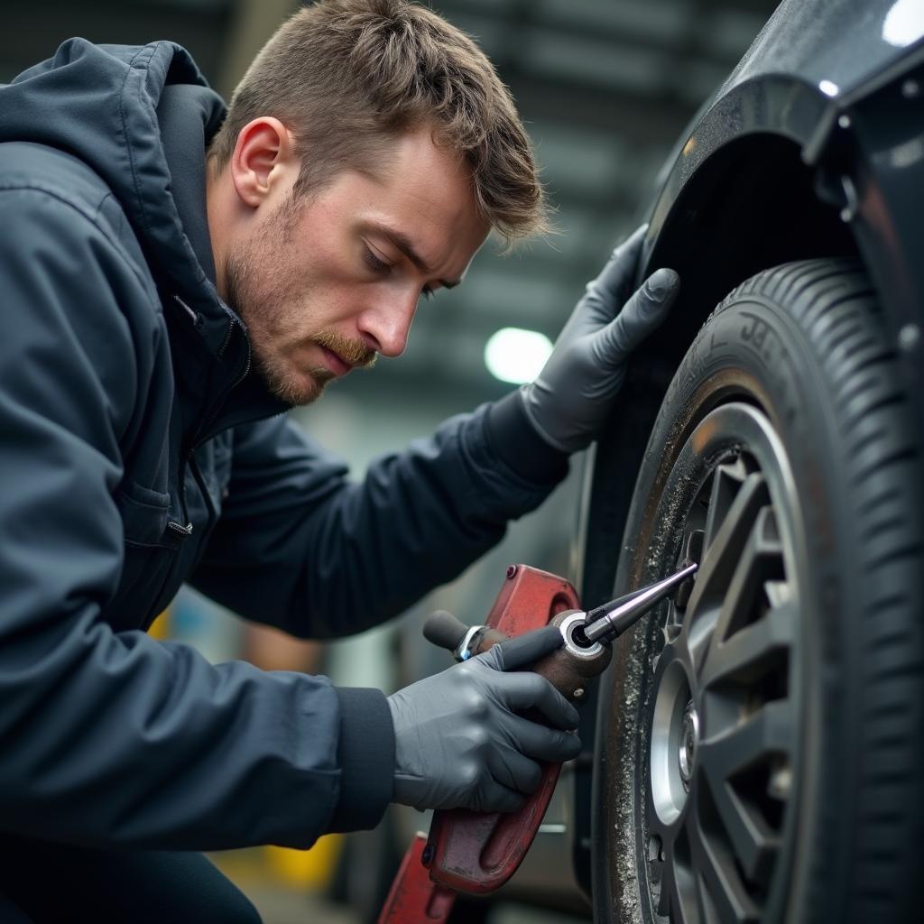 Car mechanic inspecting damage in Dundee