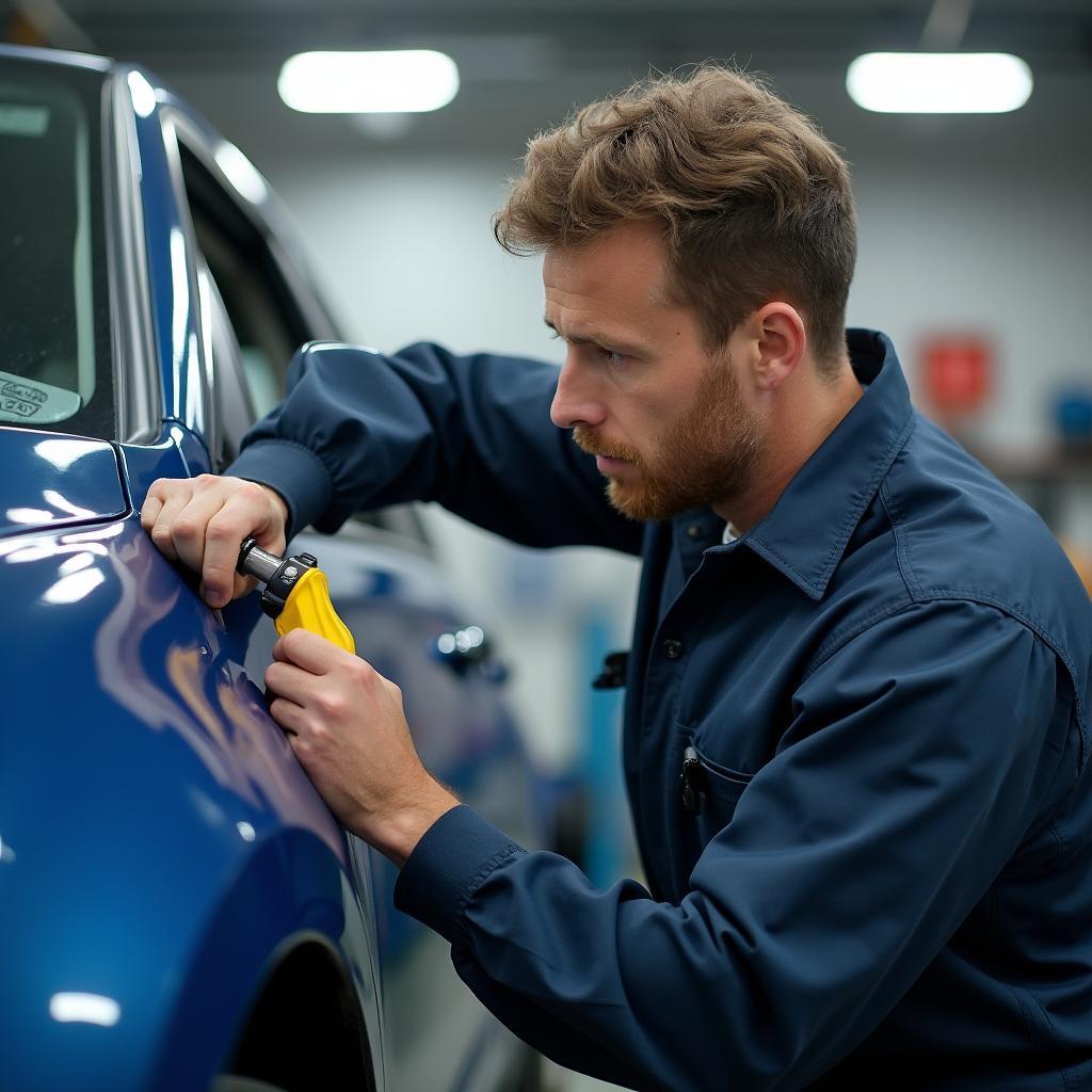 A skilled car mechanic in Dundee inspecting damage on a vehicle