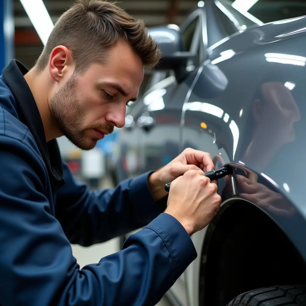 Experienced car mechanic inspecting damage in Edinburgh