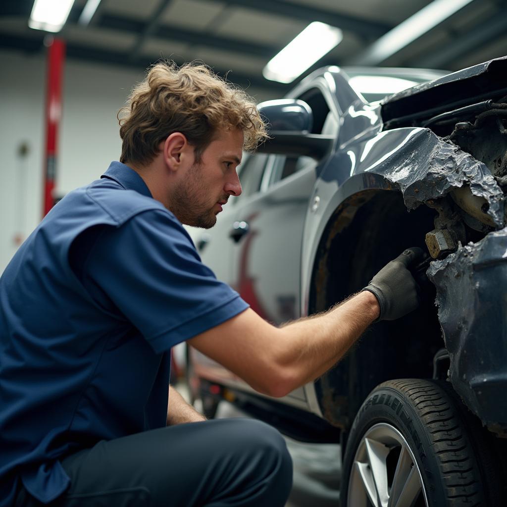 Mechanic inspecting car damage in Hylton Castle