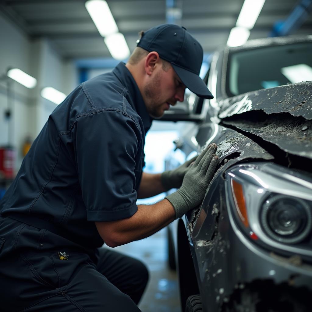 Car mechanic inspecting damage in a shop on Ipswich Road