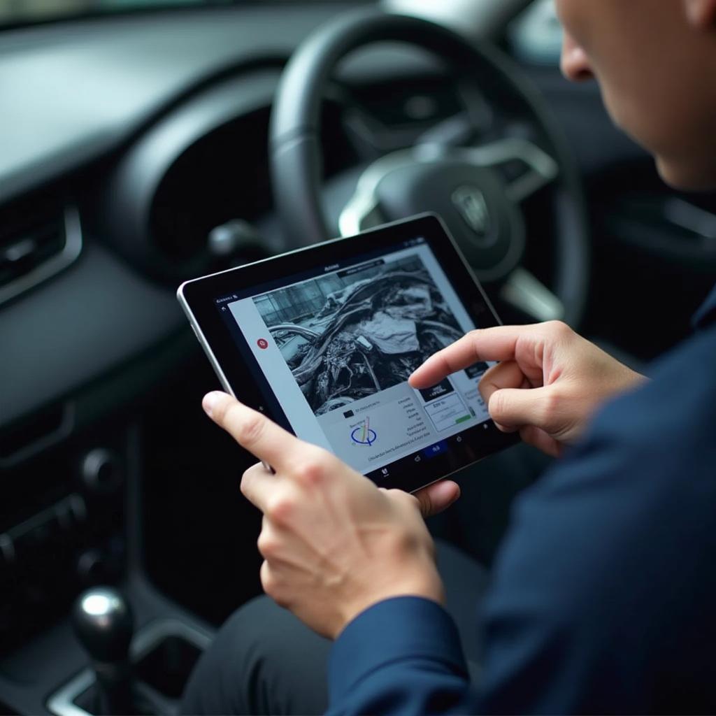 Car Mechanic Inspecting Damage with Digital Tablet