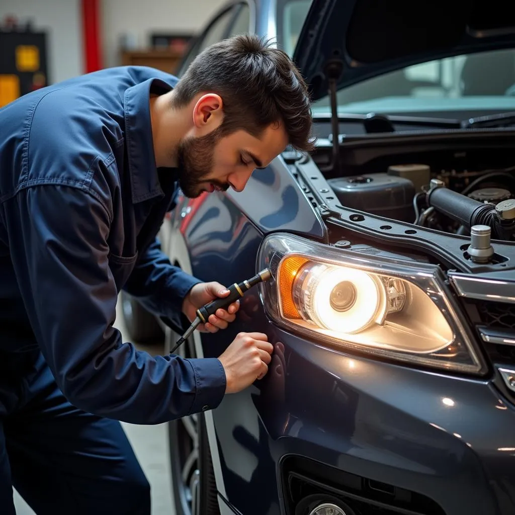 Mechanic Inspecting Car Headlight