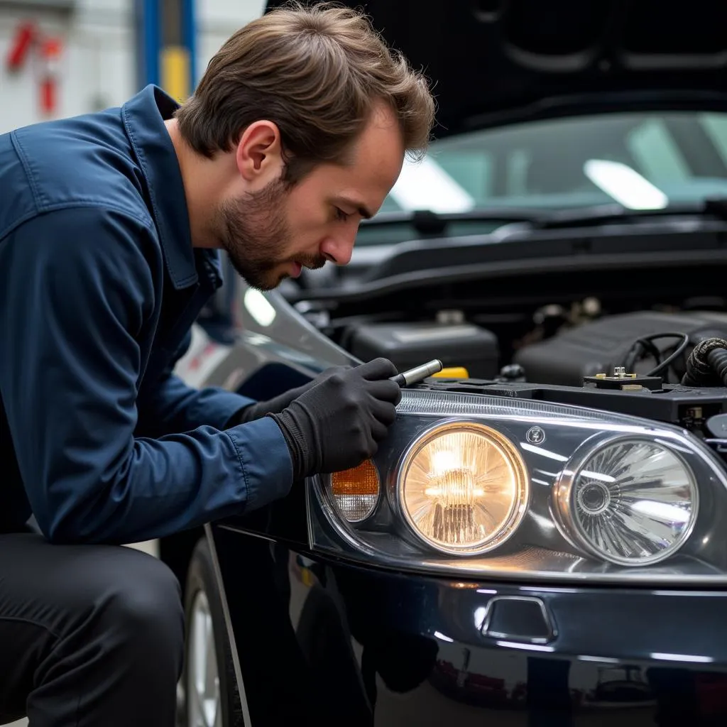 Mechanic Inspecting Car Headlight