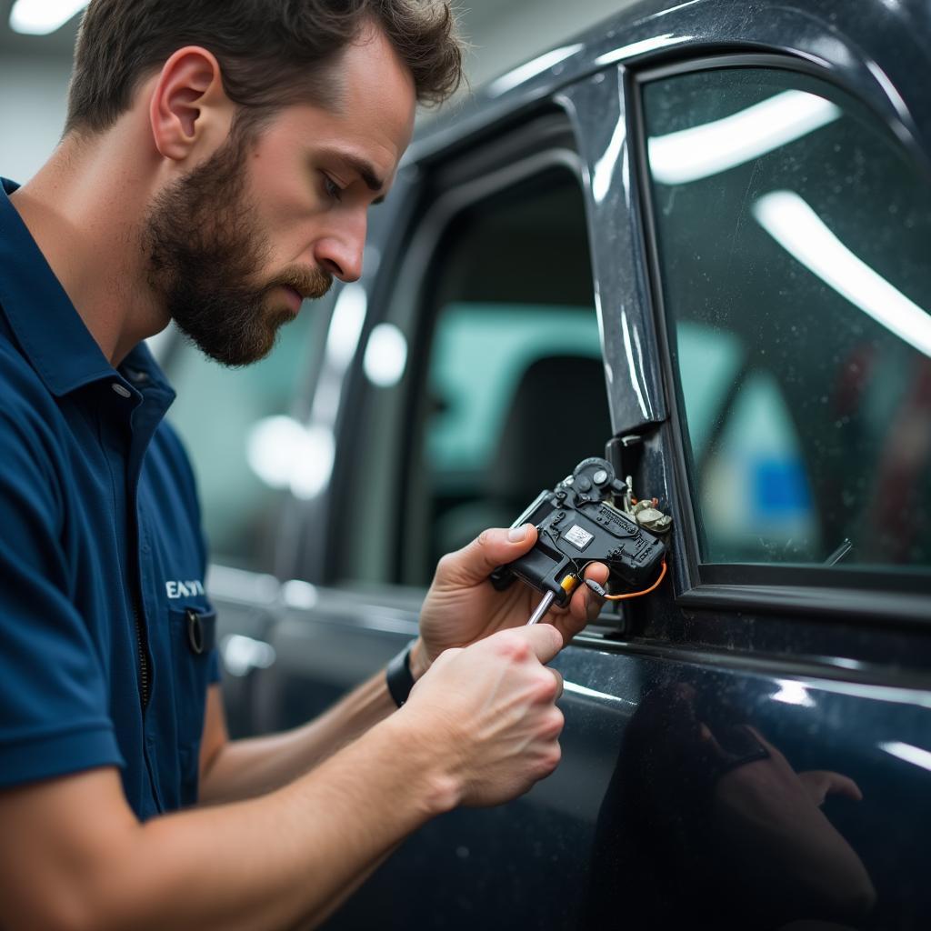 Car mechanic inspecting window motor