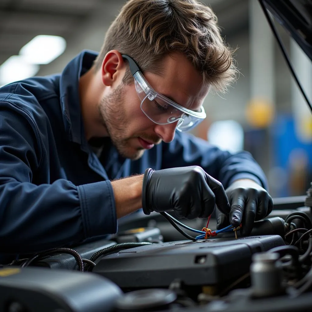 Car Mechanic Inspecting Wiring Harness