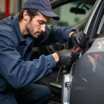 Car mechanic repairing an electric window