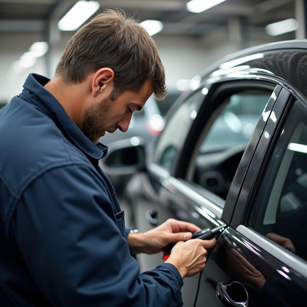 Car Mechanic Repairing Weather Stripping