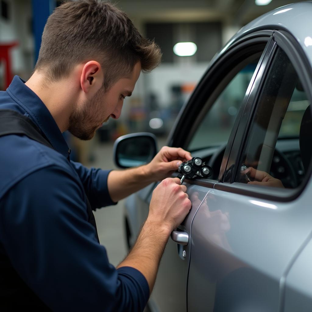 Car Mechanic Repairing Window Regulator