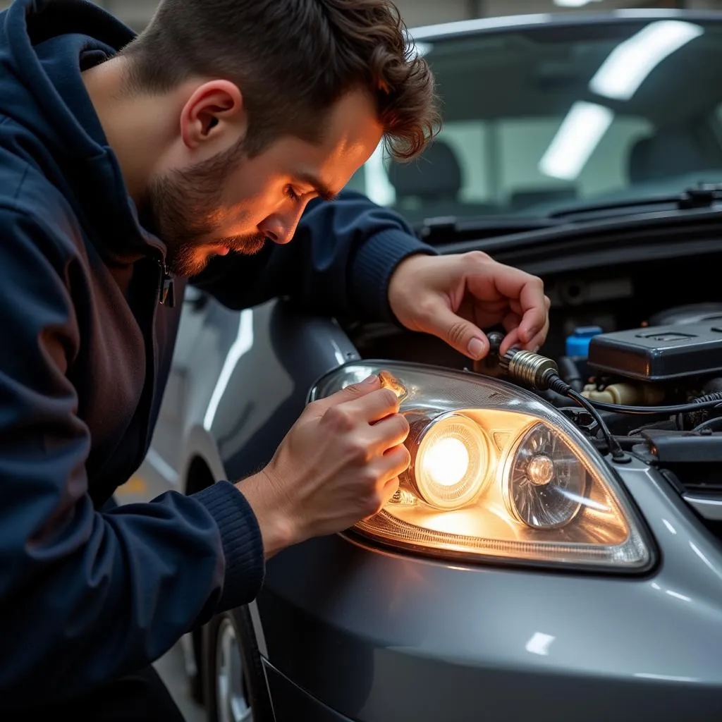 Car Mechanic Replacing a Car Light Bulb