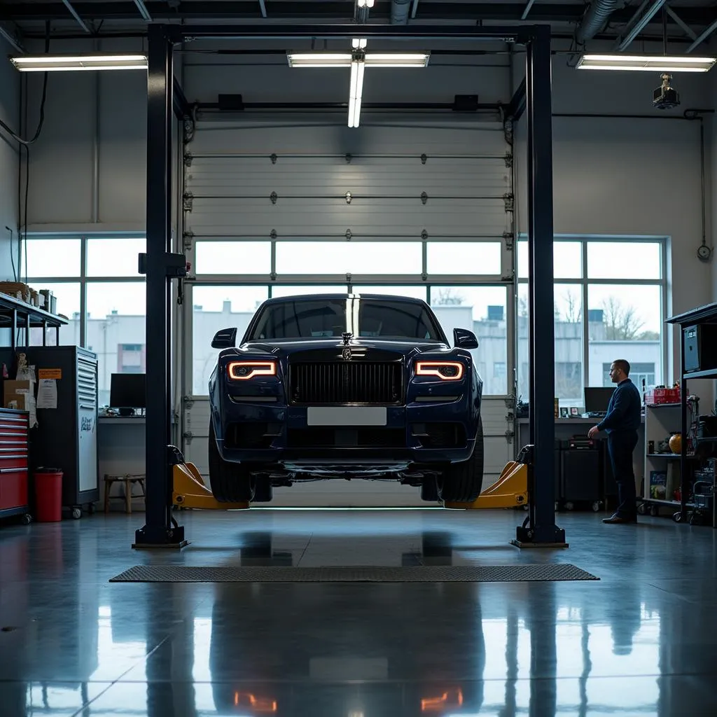 Car on a Lift in a Modern Repair Shop