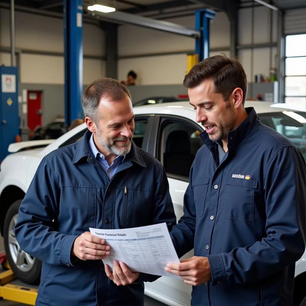 Car Owner Reviewing Car Repair Estimate with Mechanic