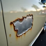 Close-up of a paint chip on a car door