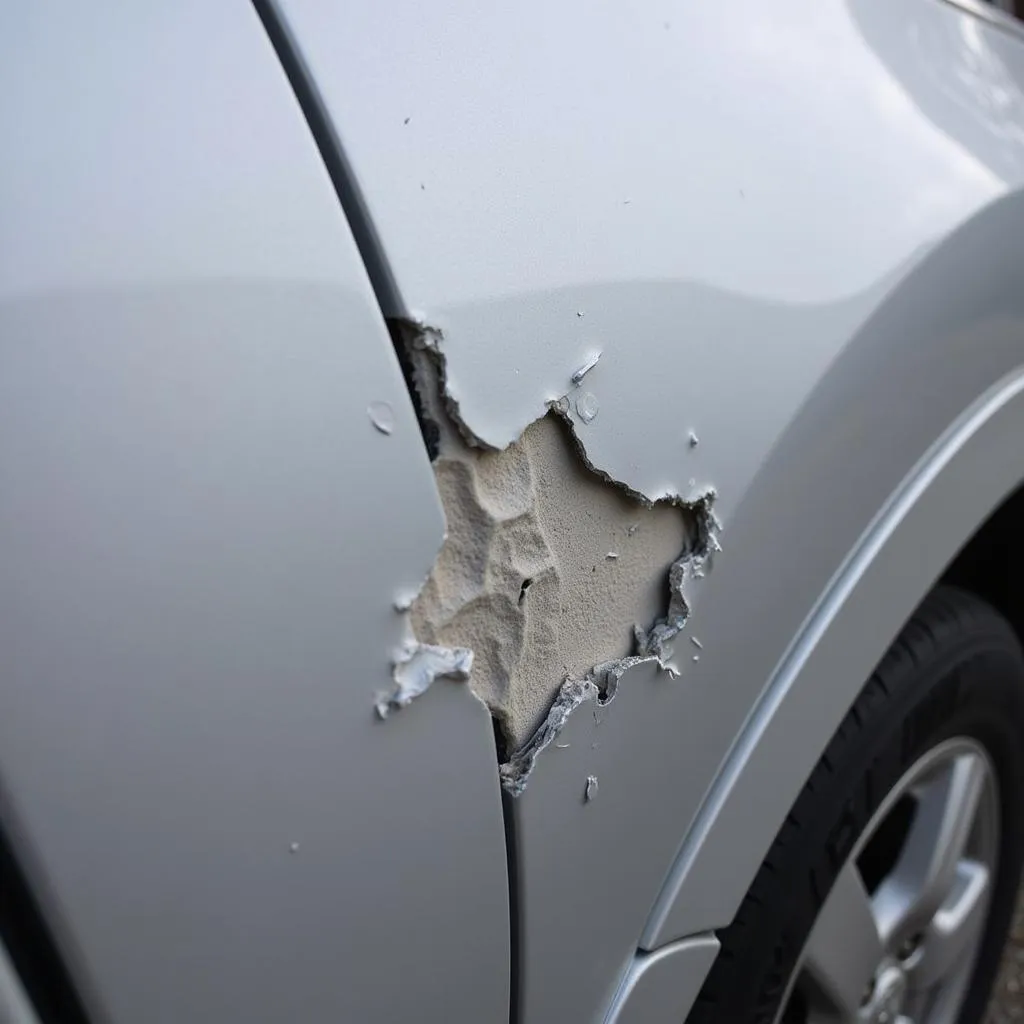 Close-up of car paint chip damage