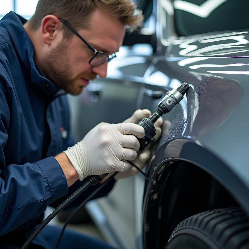 Skilled technician performing car paint chip repair