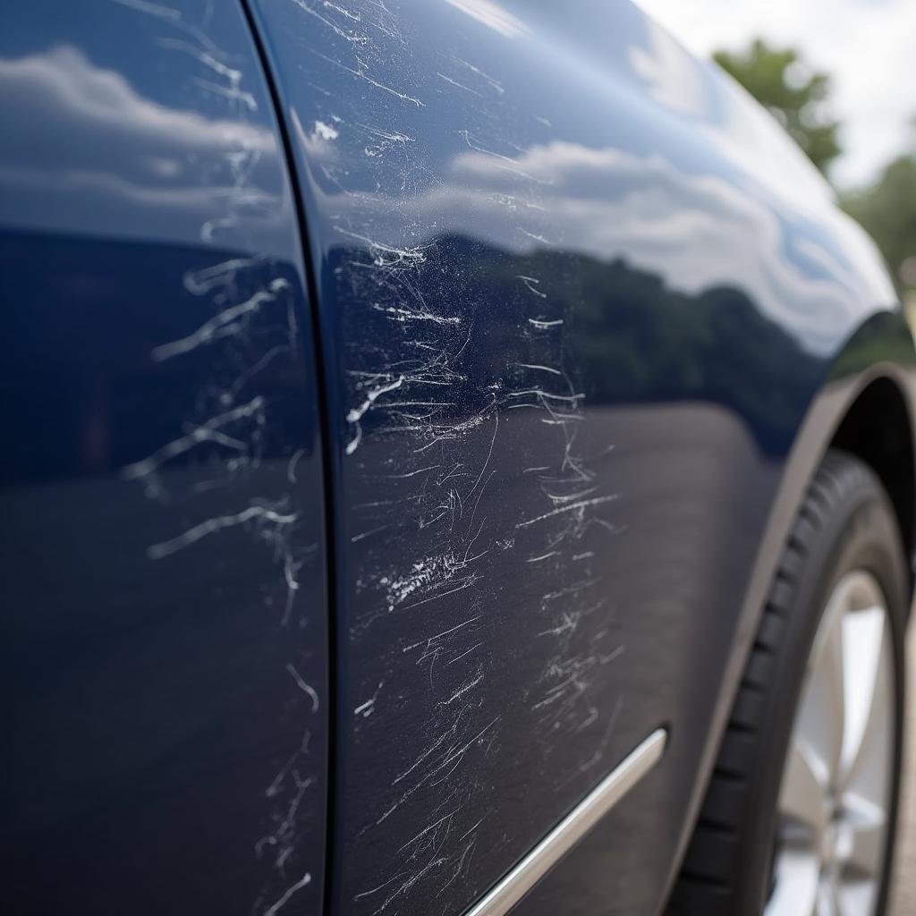 Close-up of car paint damage from a minor collision in Houston.