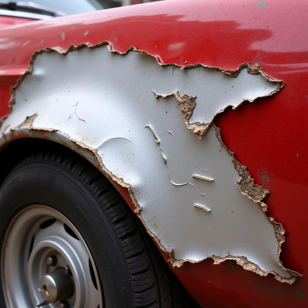 Close-up of car paint with lacquer peeling