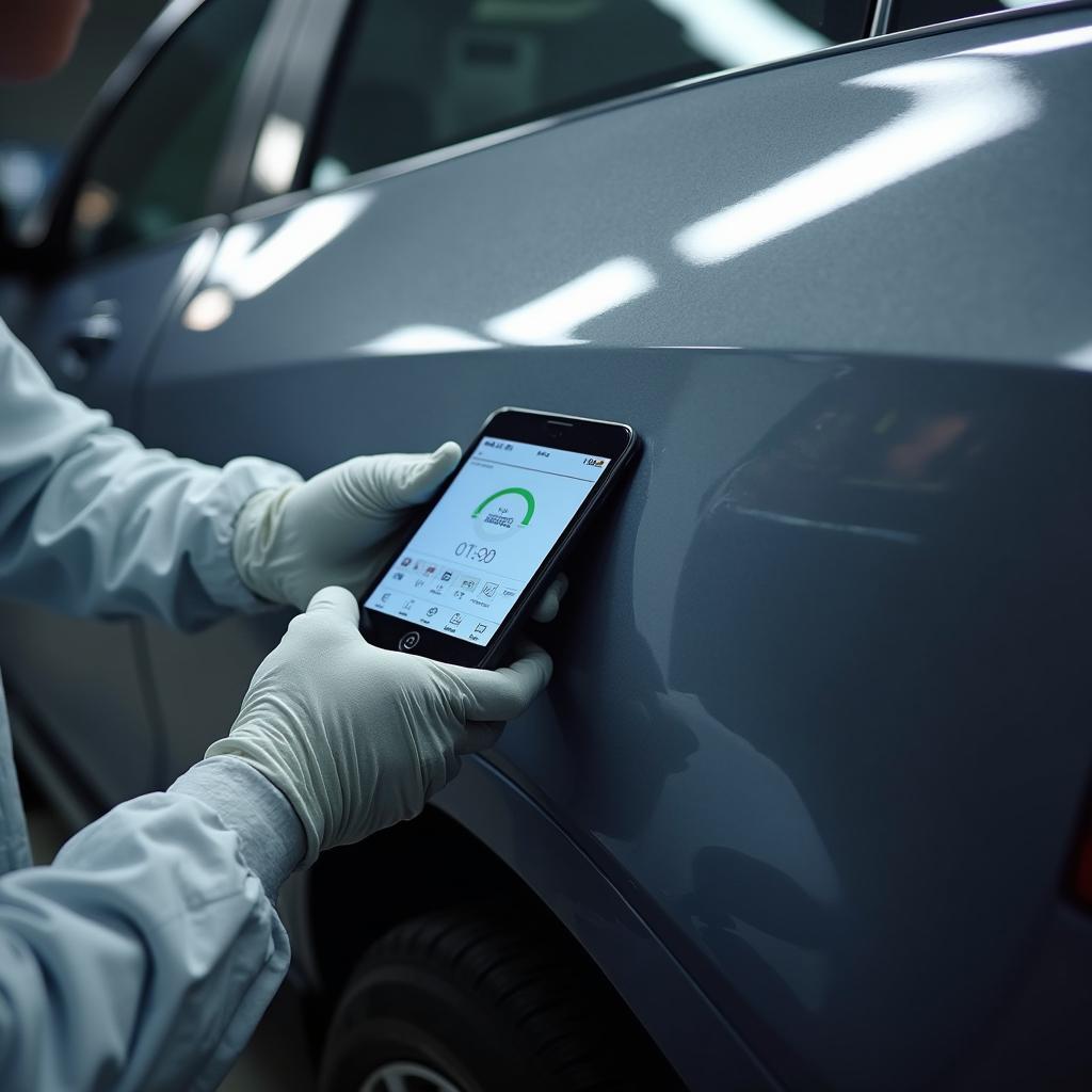 Technician color-matching paint for a car in Calne