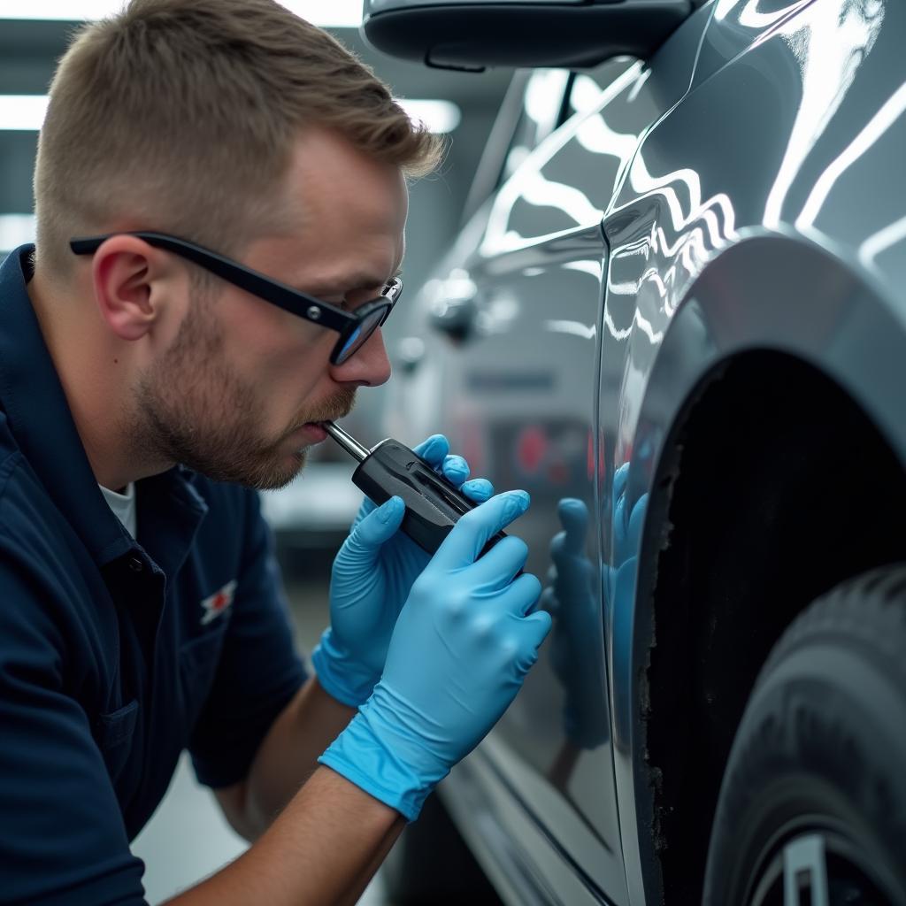 A technician assessing car paint damage in Hull.