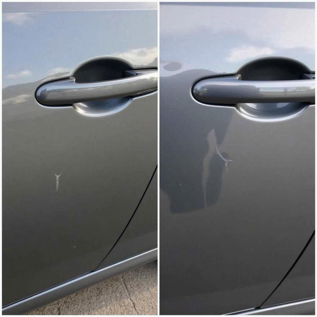 Before and after comparison of a car paint repair