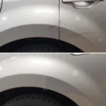 Before and after images of a car paint repair.