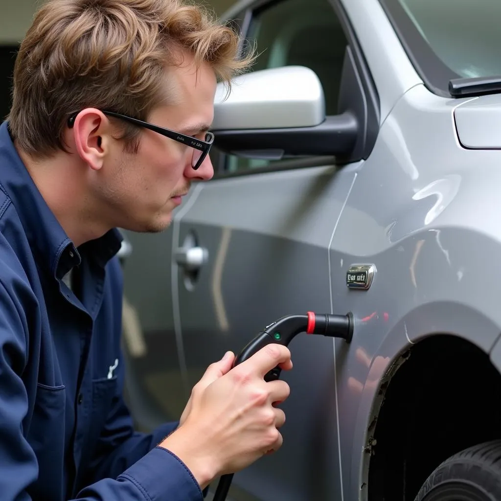 Car paint repair technician inspecting damage on the Central Coast