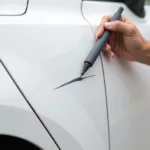 Applying car paint repair pen to a scratch on a car door