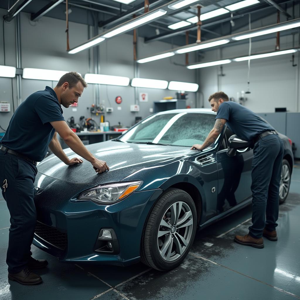 Skilled technicians in Houston meticulously restoring car paint in a professional workshop.