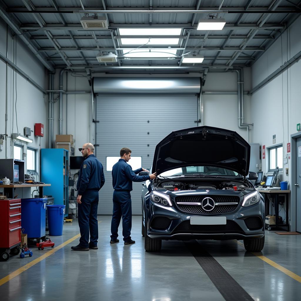 Interior view of a professional car paint repair shop in Manchester