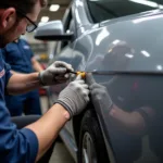 Close-up of a car paint scratch being repaired in a Brisbane workshop