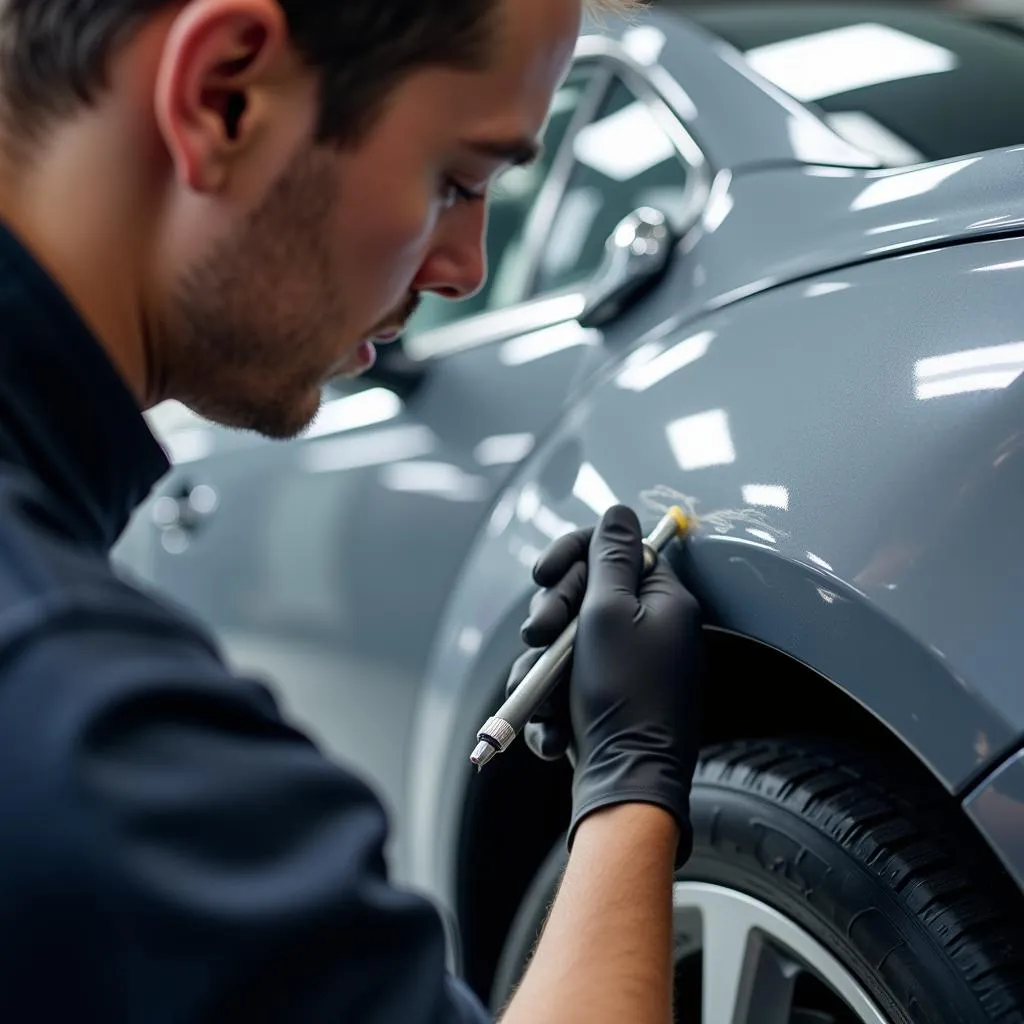 Car paint scratch repair in progress at a Dublin body shop