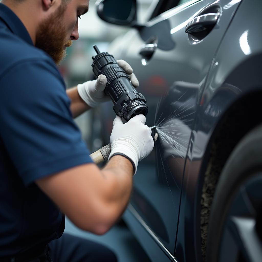 Close-up of a car paint scratch being repaired in Placentia