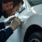 Close-up of a car paint scratch being repaired by a professional in Weston-super-Mare