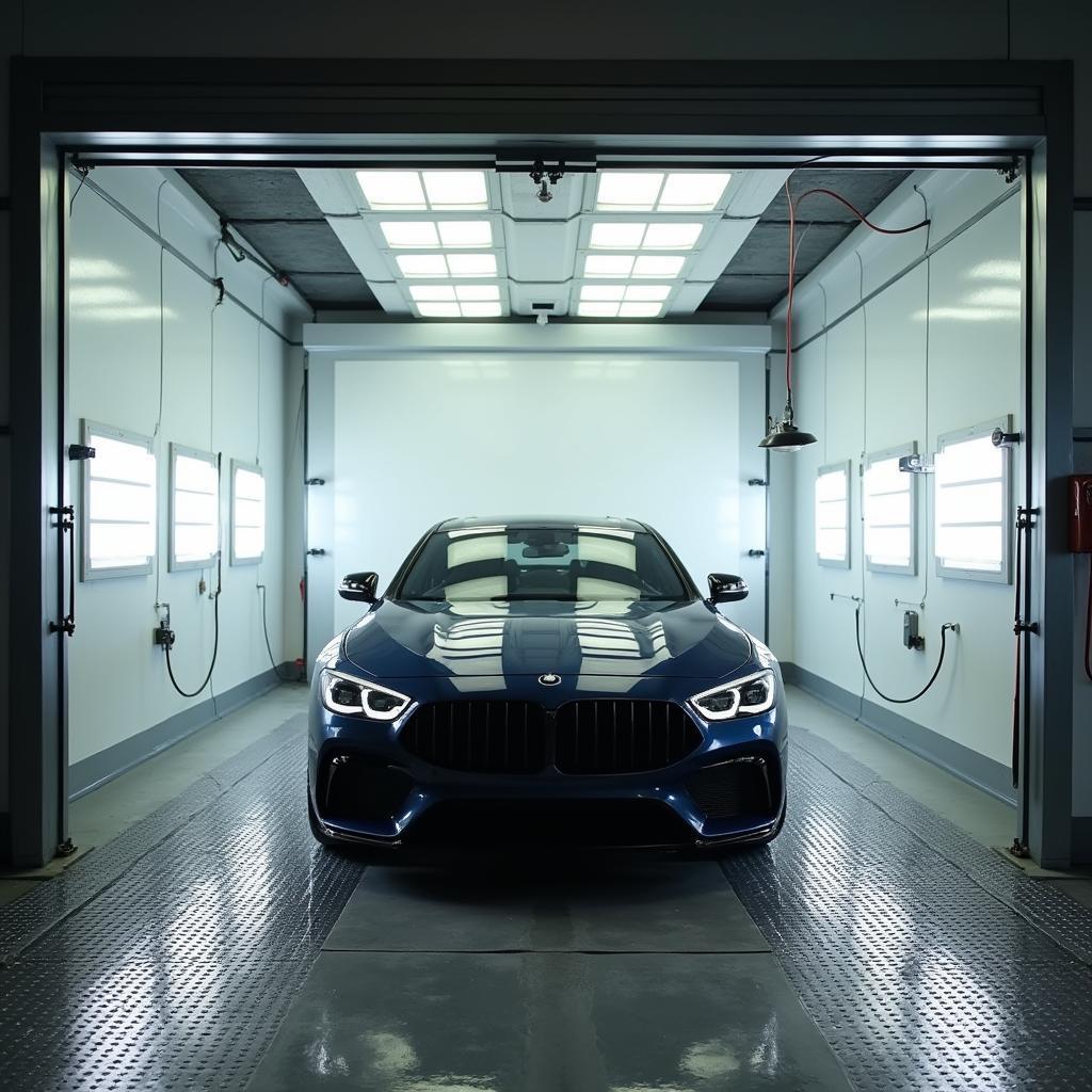 Modern car painting booth inside a car repair shop on Aqueduct Street