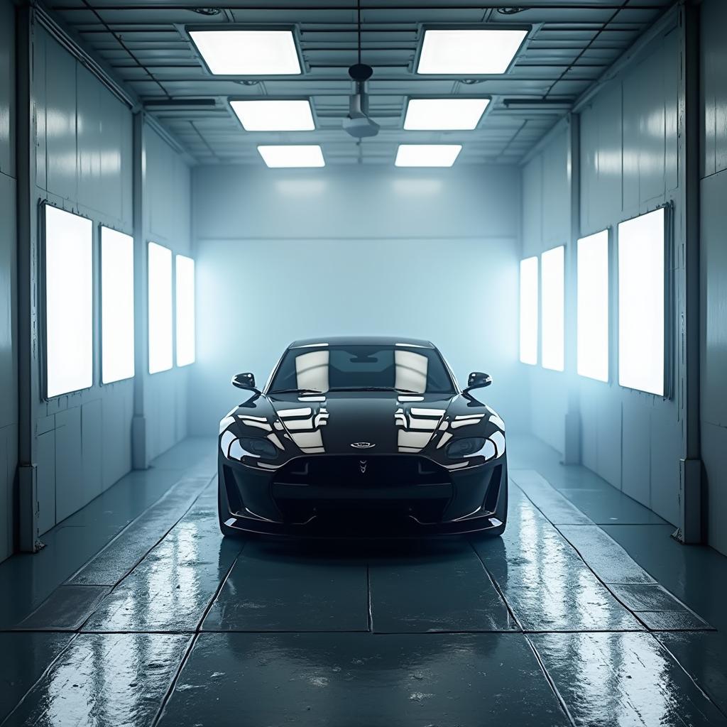 A car inside a professional painting booth in a Brighton body shop