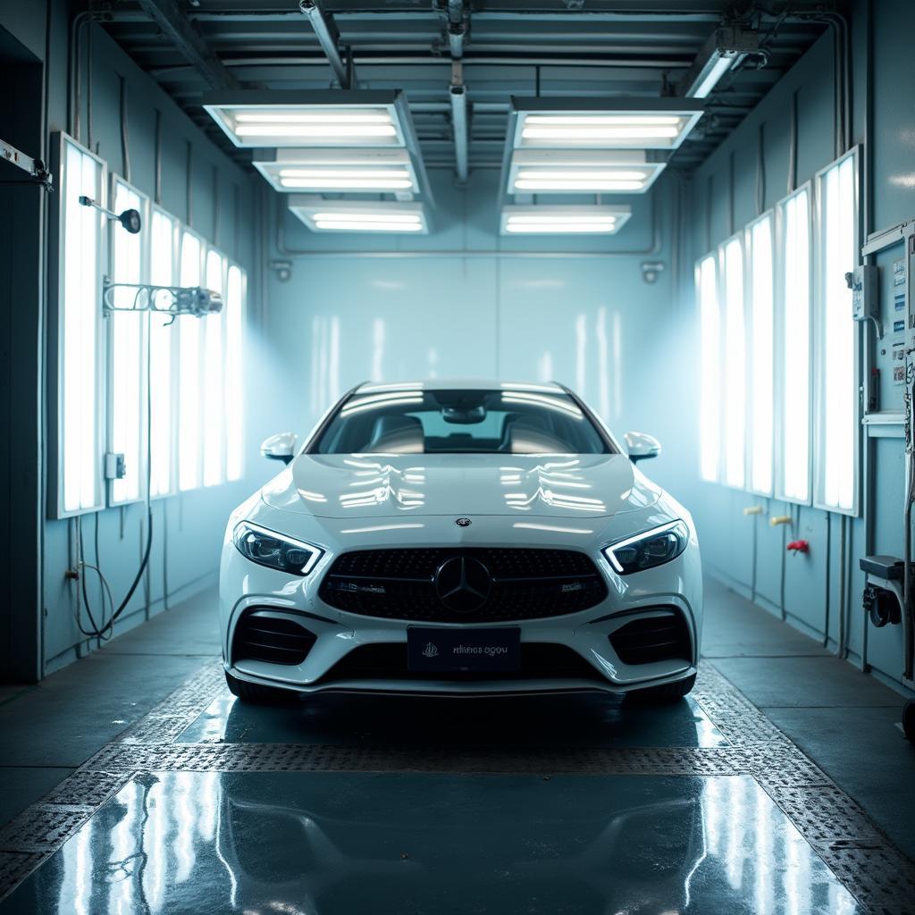 Car inside a professional paint booth in a Belfast car repair shop