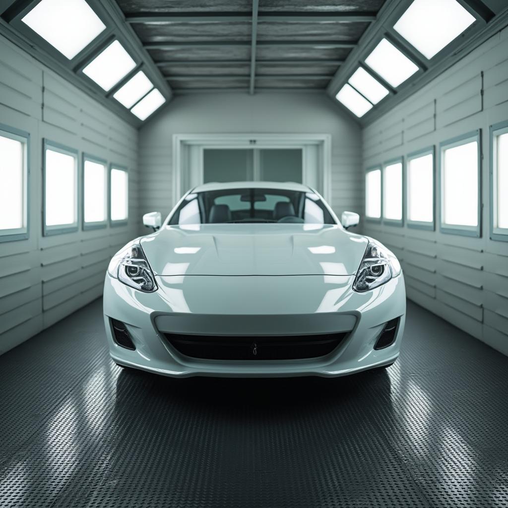 Car inside a painting booth in a Lanarkshire body shop