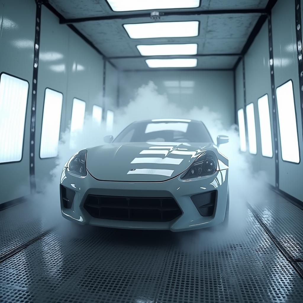 A car undergoing a professional paint job in a spray booth