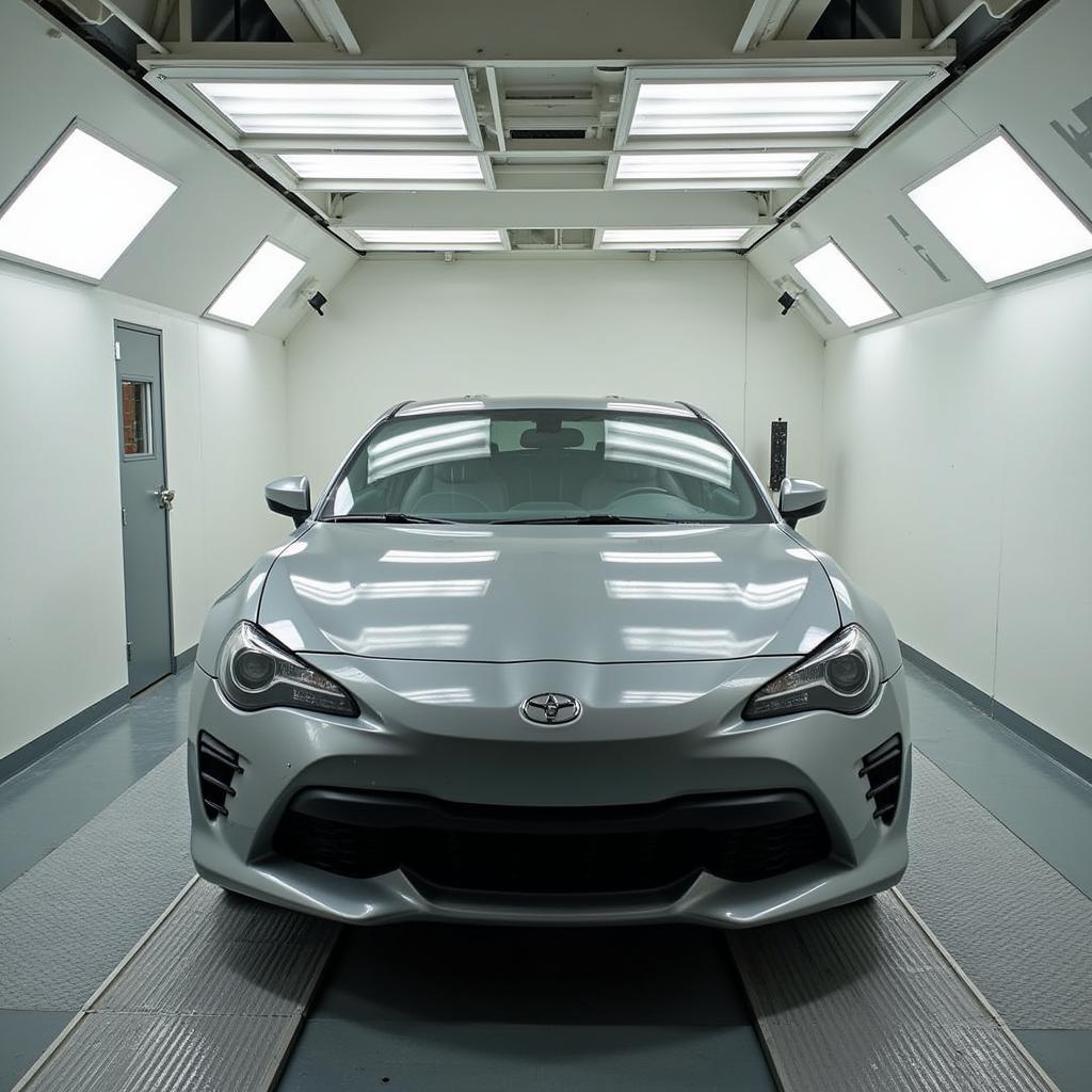 Car painting in progress at a Plymouth body shop