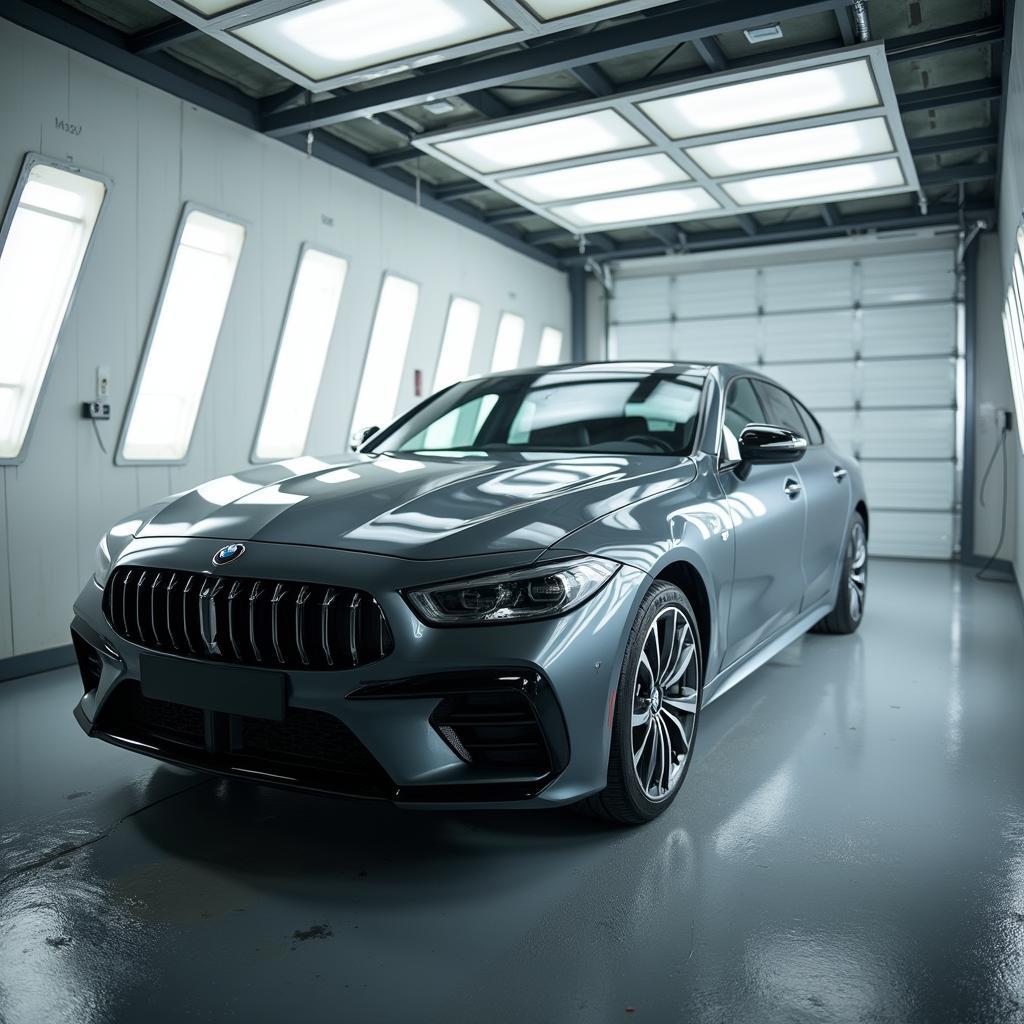 Car being painted in a professional spray booth