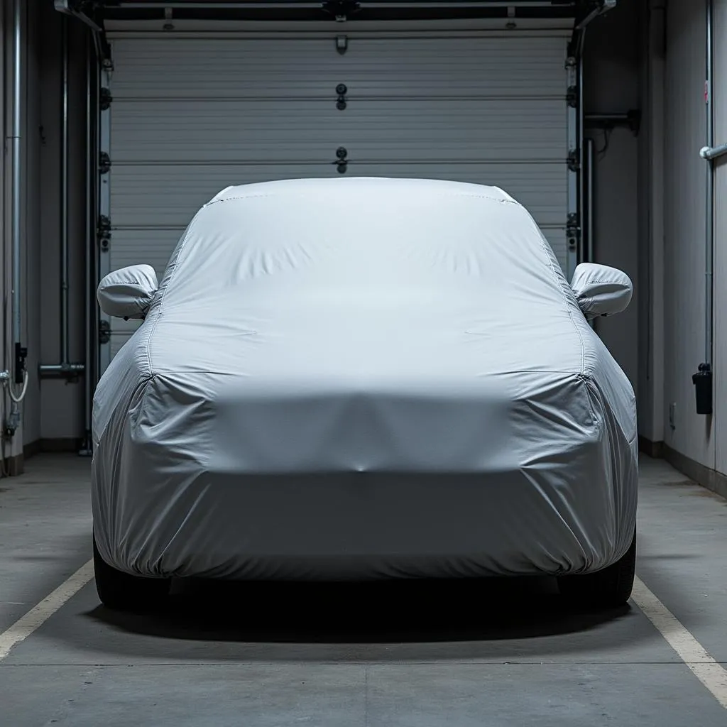 Car parked in garage with a cover on