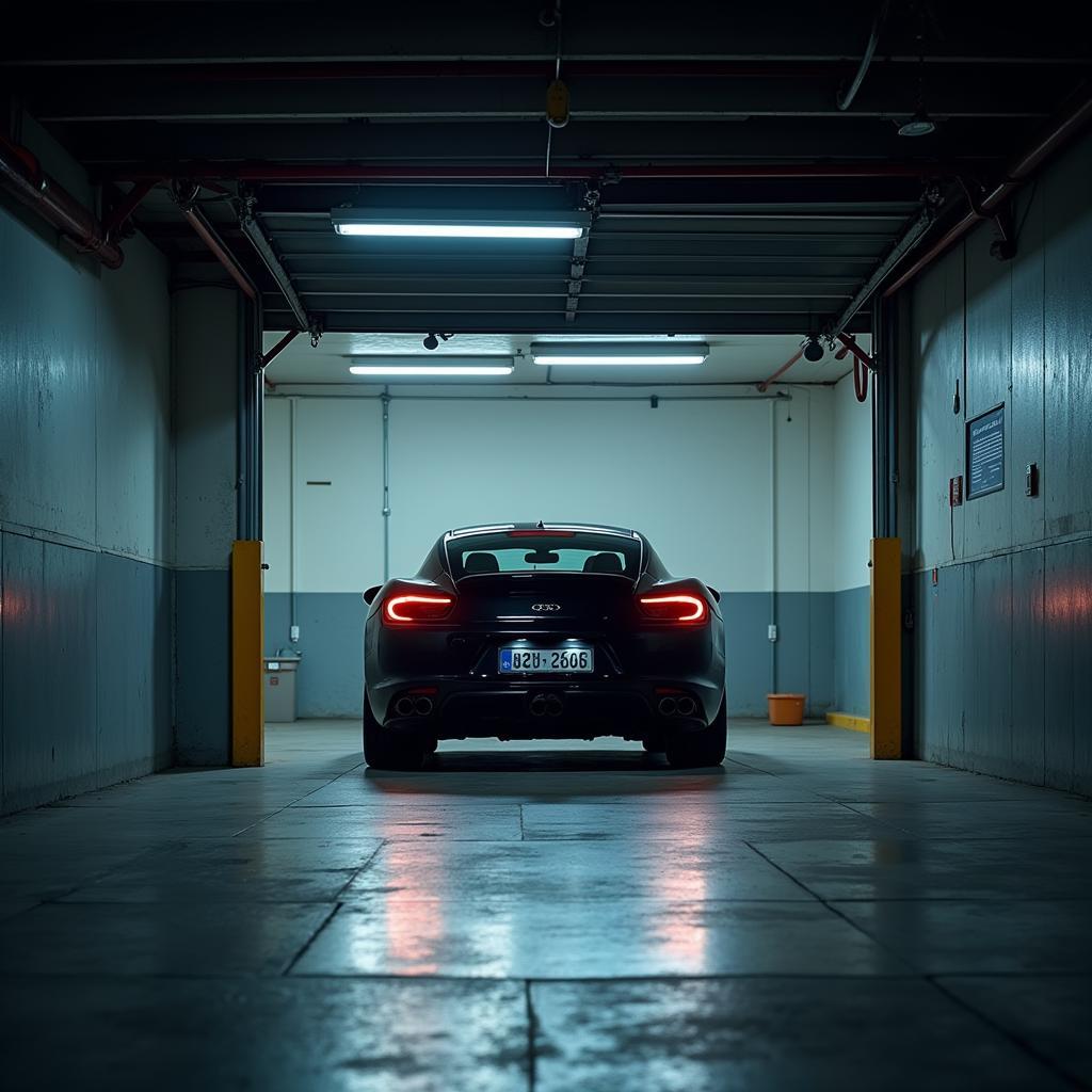 A car parked in a secure, well-lit garage