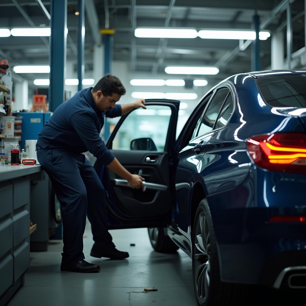 Car being repaired at a professional shop in Chennai