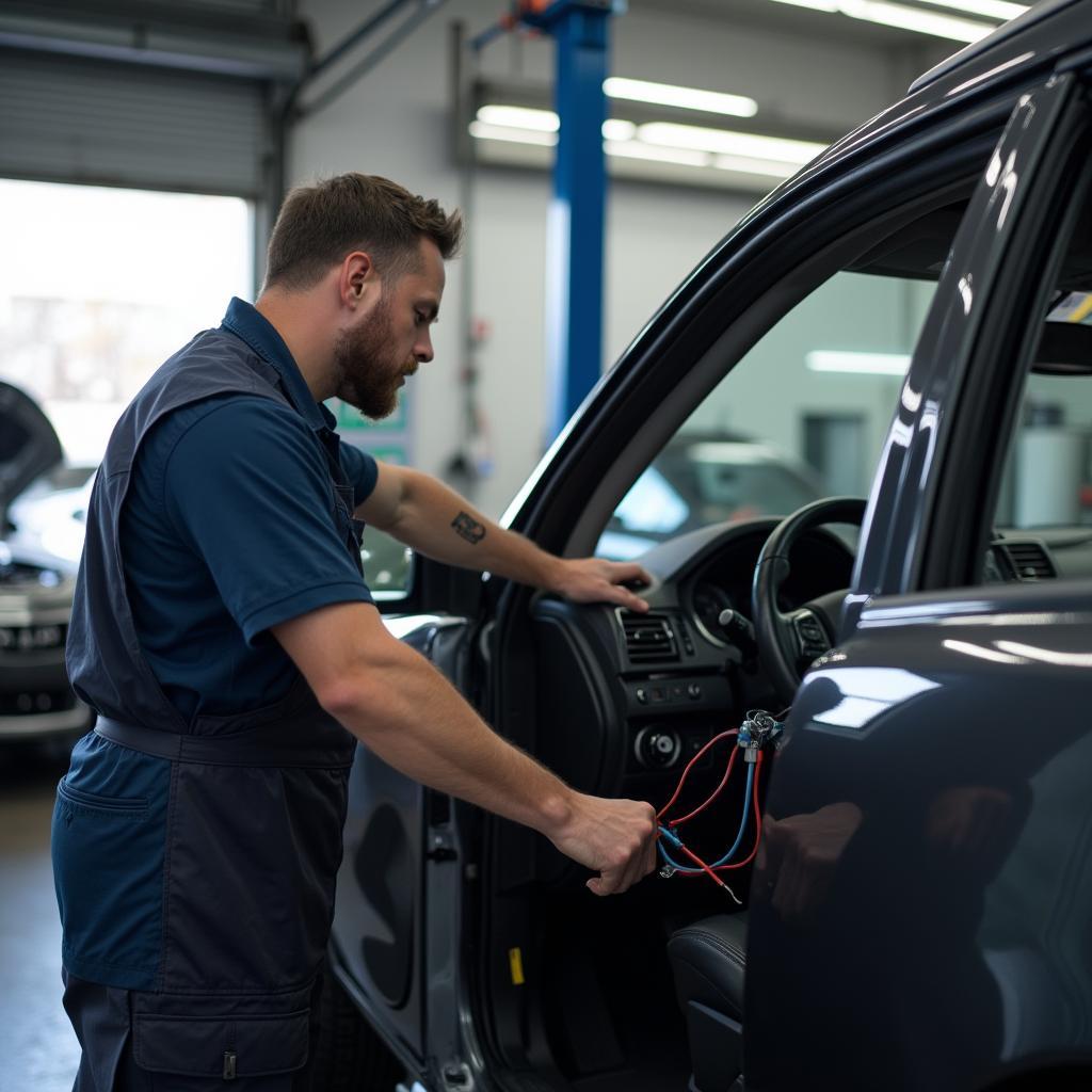 Car Repair Shop Interior with Mechanic Working on Power Window