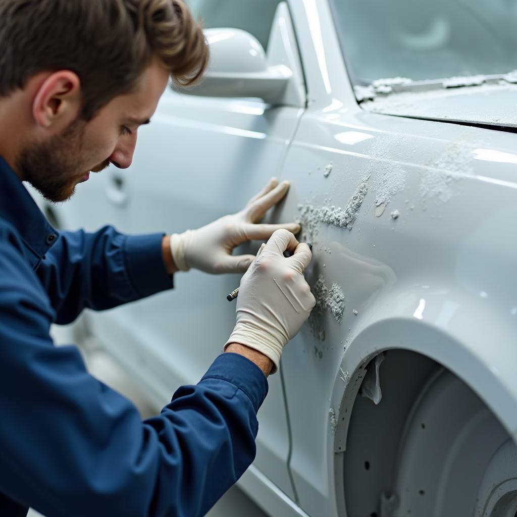 Applying car primer in a UK garage